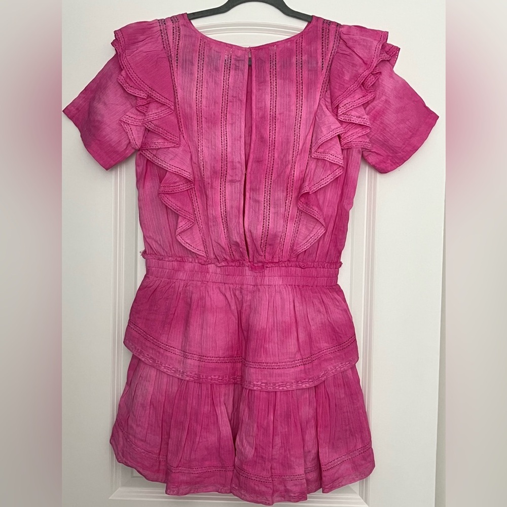 LoveShackFancy Natasha ruffled tiered mini dress dark pink lined elastic waist L - Picture 3 of 8